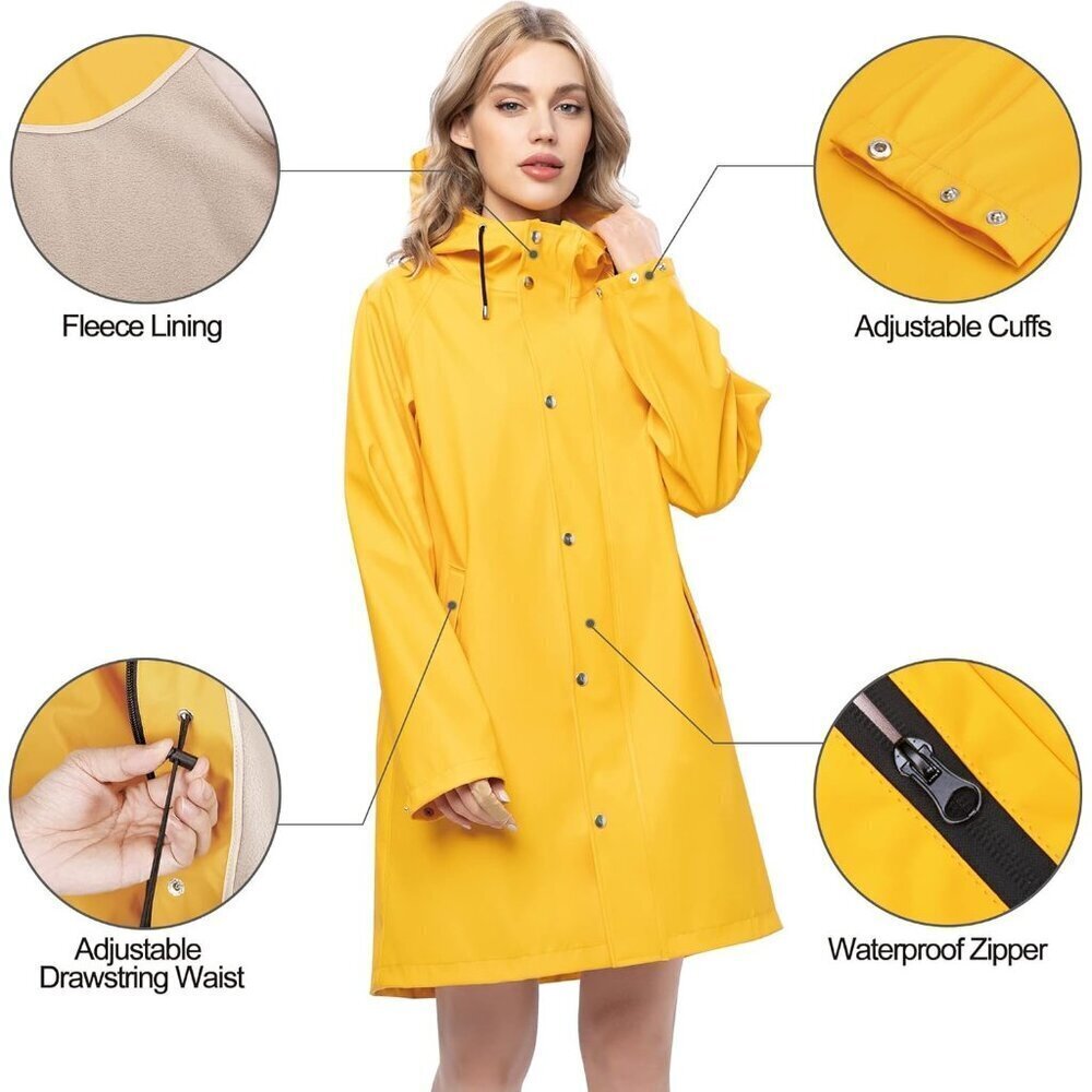 Women Yellow Fleece Long Hooded Waterproof Rain Windbreaker Trench Coat Outdoor - Picture 2 of 5